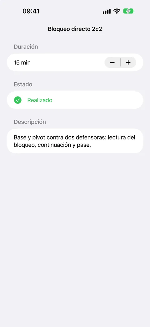 Detalle de un ejercicio con su duración y descripción