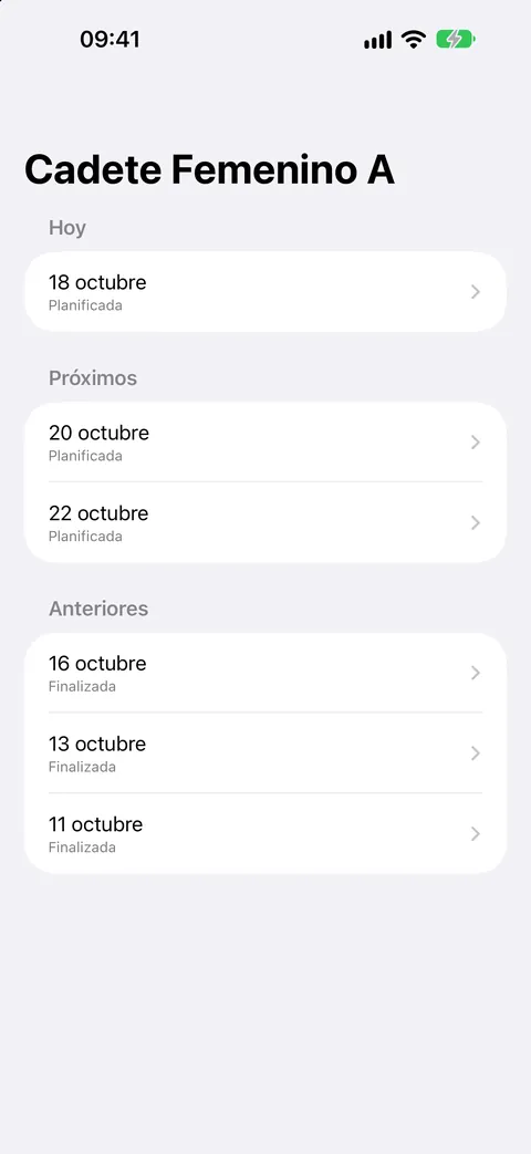 Sesiones del equipo: hoy, próximas y anteriores