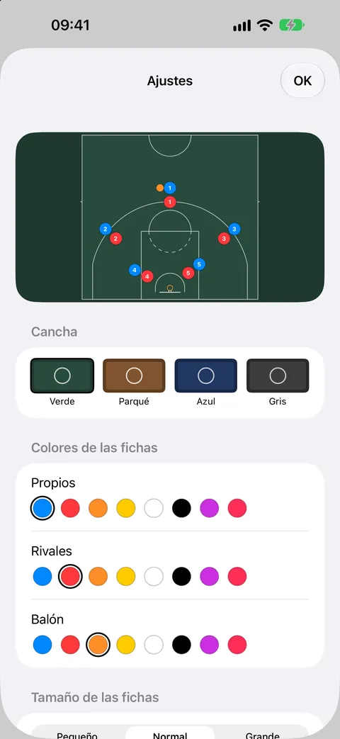 Ajustes de colores, tamaño de fichas y estilo de cancha